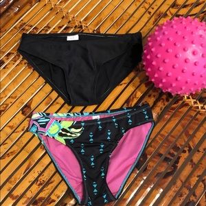 2 Bikini swim bottoms: 1 black Popina sz small & 1 XS multicolor by Mysterioso